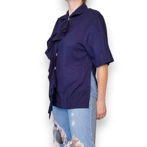 YUNE HO Short Sleeve 100% Cotton Navy Button Down Ruffle Blouse Top - Picture 2 of 10